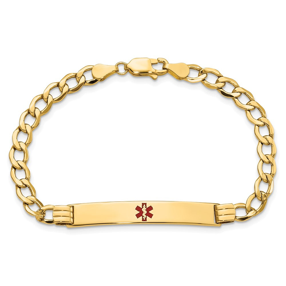 14K Yellow Gold Medical Semi Solid Chain/Solid Plate 37X6mm Centered Red Enamel Cuban Link 8 Inch Id Bracelet