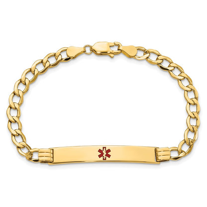 14K Yellow Gold Medical Semi Solid Chain/Solid Plate 37X6mm Centered Red Enamel Cuban Link 8 Inch Id Bracelet