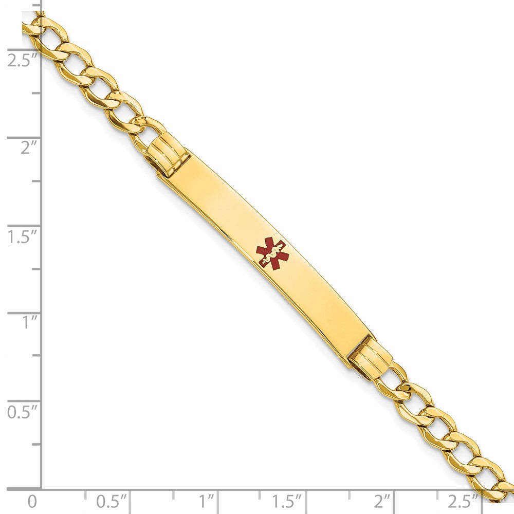 14K Yellow Gold Medical Semi Solid Chain/Solid Plate 37X6mm Centered Red Enamel Cuban Link 8 Inch Id Bracelet