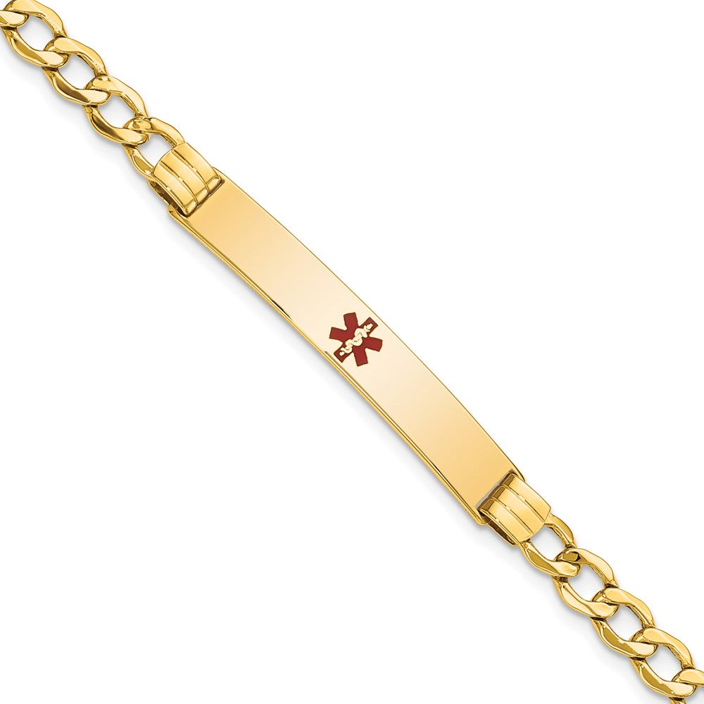14K Yellow Gold Medical Semi Solid Chain/Solid Plate 37X6mm Centered Red Enamel Cuban Link 8 Inch Id Bracelet