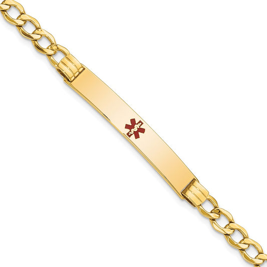 14K Yellow Gold Medical Semi Solid Chain/Solid Plate 37X6mm Centered Red Enamel Cuban Link 8 Inch Id Bracelet