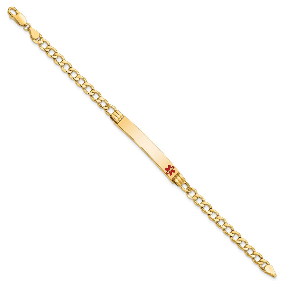 14K Yellow Gold Medical Semi Solid Chain/Solid Plate 37X6mm Off Center Red Enamel Cuban Link 7 Inch Id Bracelet
