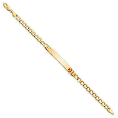 14K Yellow Gold Medical Semi Solid Chain/Solid Plate 37X6mm Off Center Red Enamel Cuban Link 7 Inch Id Bracelet