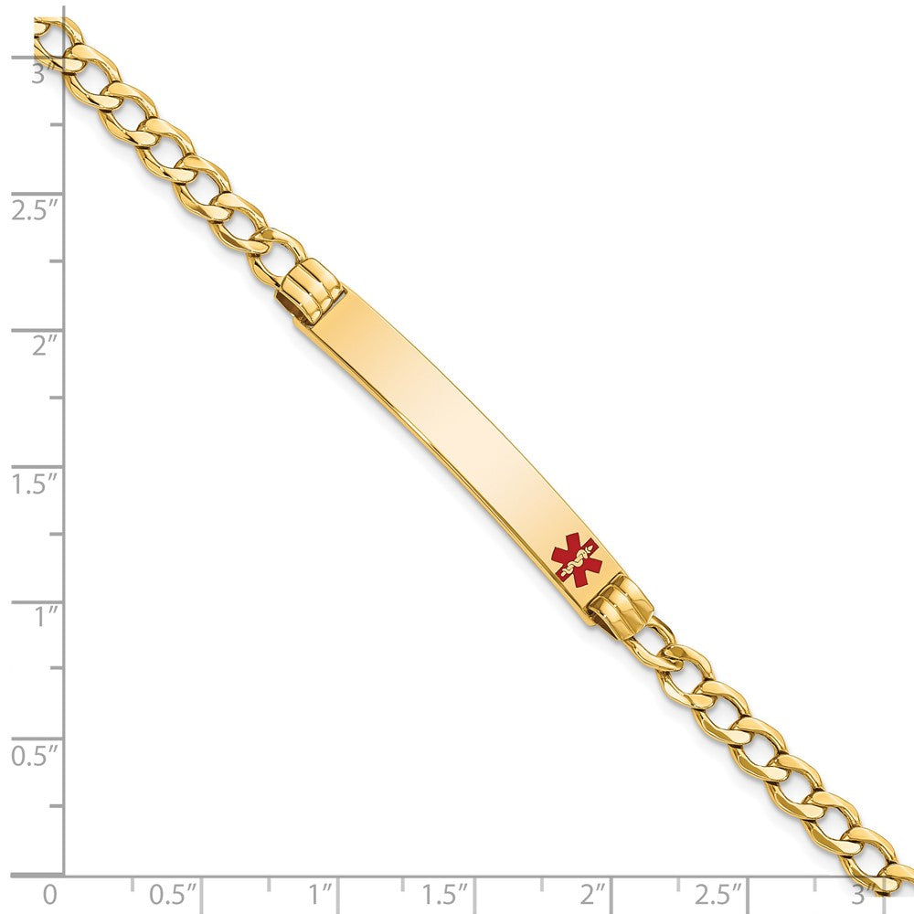 14K Yellow Gold Medical Semi Solid Chain/Solid Plate 37X6mm Off Center Red Enamel Cuban Link 7 Inch Id Bracelet
