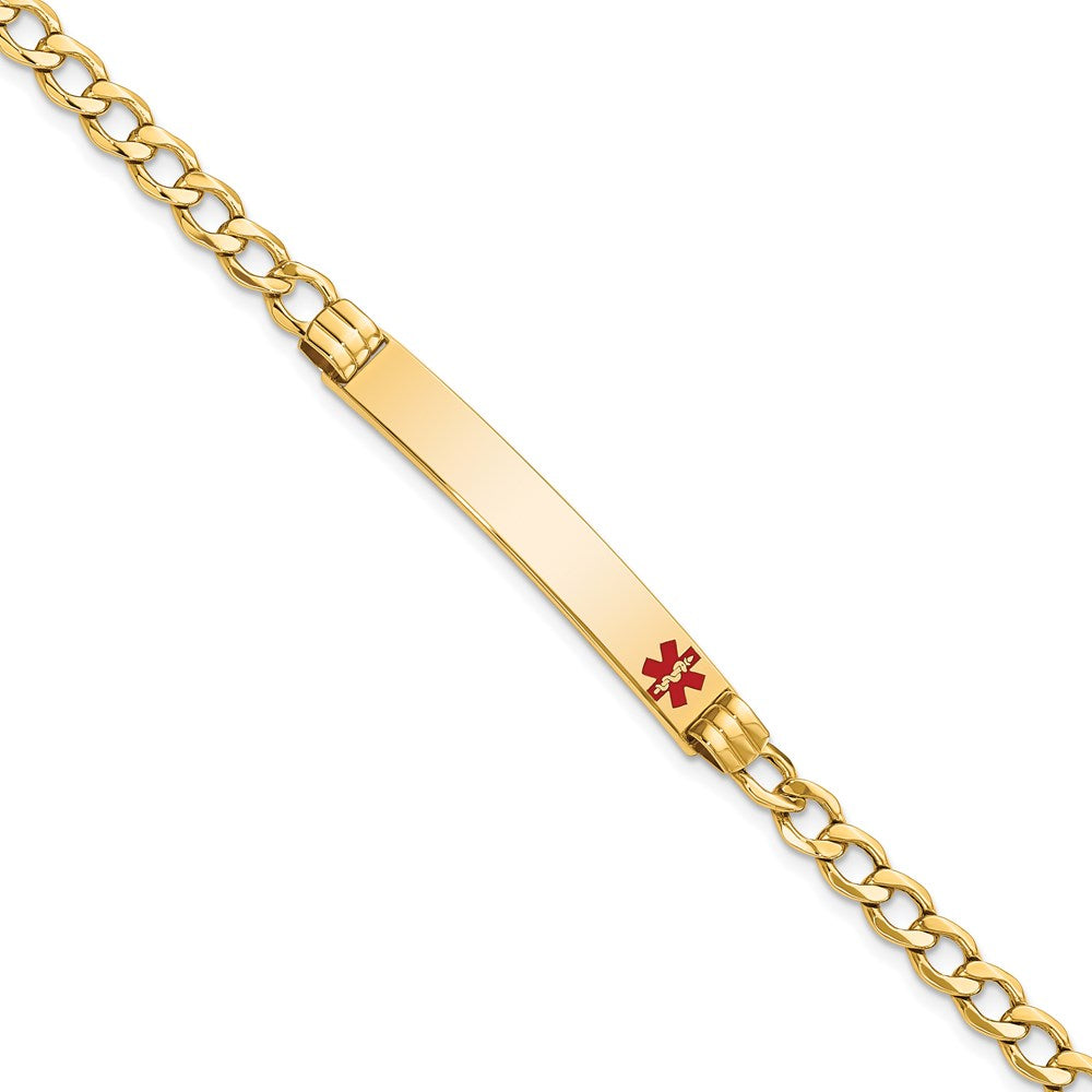 14K Yellow Gold Medical Semi Solid Chain/Solid Plate 37X6mm Off Center Red Enamel Cuban Link 7 Inch Id Bracelet