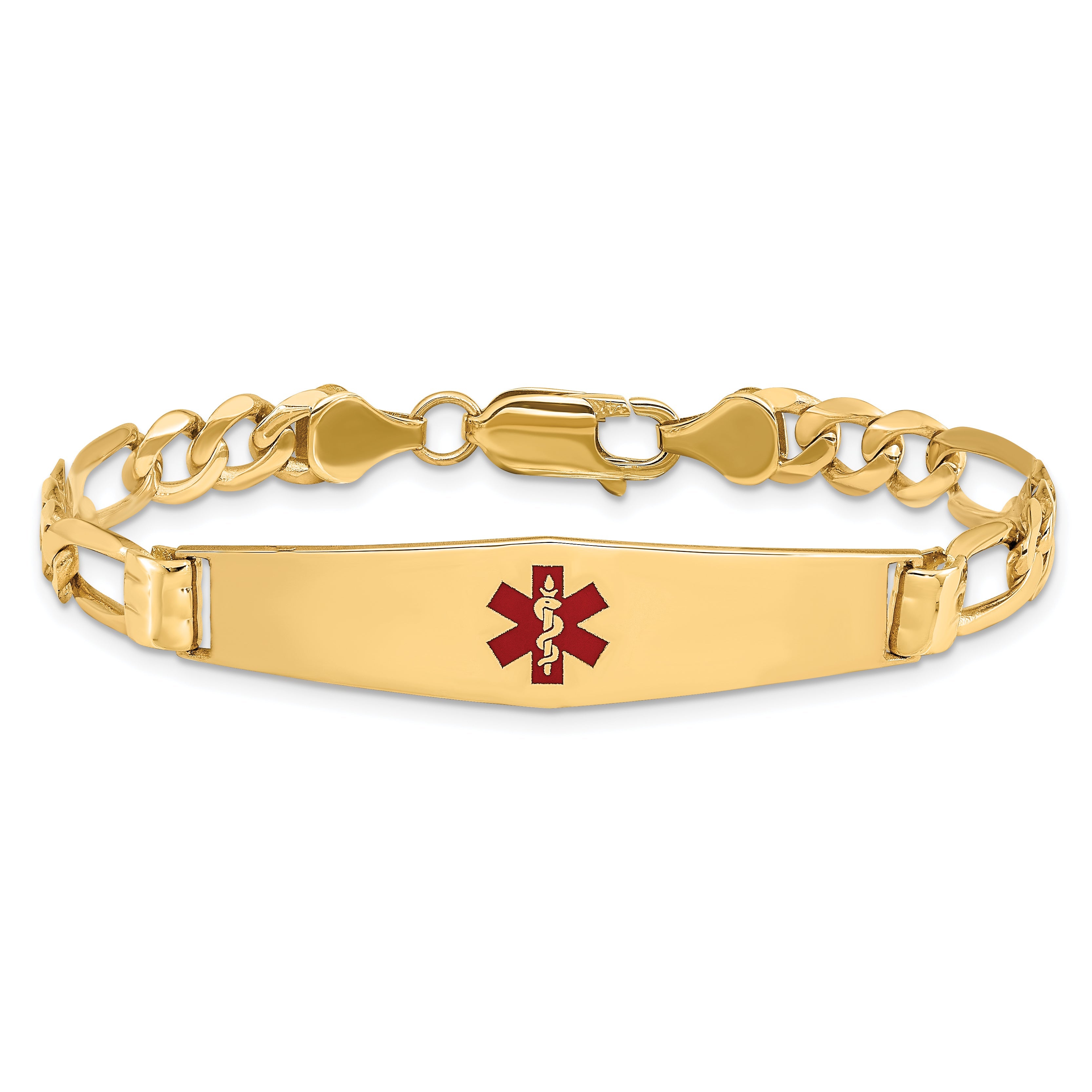 14K Yellow Gold Medical Solid Chain/Solid Plate Soft Diamond Shape 36X9mm Centered Red Enamel Figaro Link 7 Inch Id Bracelet