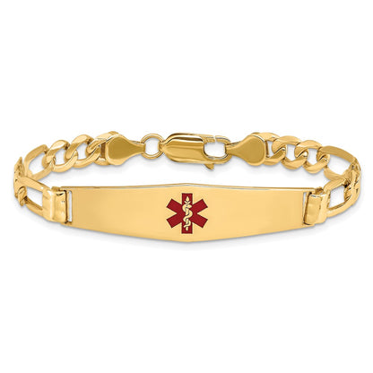 14K Yellow Gold Medical Solid Chain/Solid Plate Soft Diamond Shape 36X9mm Centered Red Enamel Figaro Link 8 Inch Id Bracelet