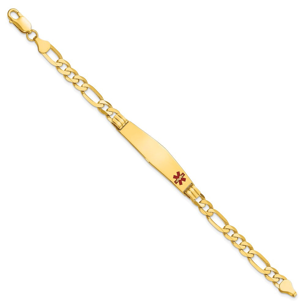 14K Yellow Gold Medical Solid Chain/Solid Plate Soft Diamond Shape 38X9mm Off Center Red Enamel Figaro Link 7 Inch Id Bracelet