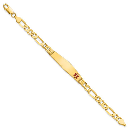 14K Yellow Gold Medical Solid Chain/Solid Plate Soft Diamond Shape 38X9mm Off Center Red Enamel Figaro Link 7 Inch Id Bracelet