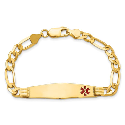 14K Yellow Gold Medical Solid Chain/Solid Plate Soft Diamond Shape 38X9mm Off Center Red Enamel Figaro Link 8 Inch Id Bracelet