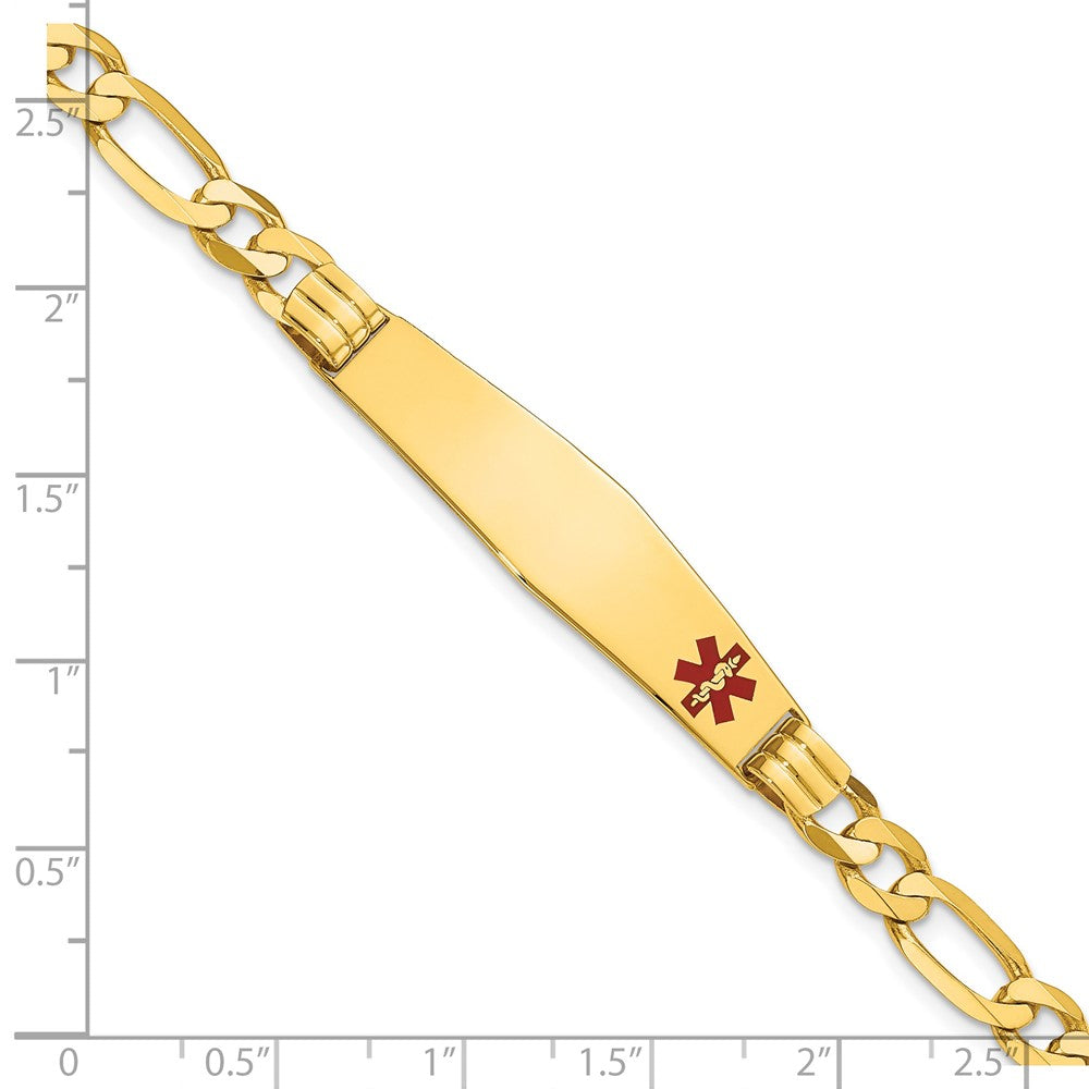 14K Yellow Gold Medical Solid Chain/Solid Plate Soft Diamond Shape 38X9mm Off Center Red Enamel Figaro Link 8 Inch Id Bracelet