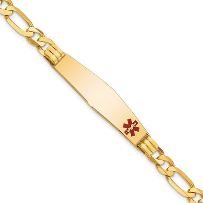 14K Yellow Gold Medical Solid Chain/Solid Plate Soft Diamond Shape 38X9mm Off Center Red Enamel Figaro Link 7 Inch Id Bracelet