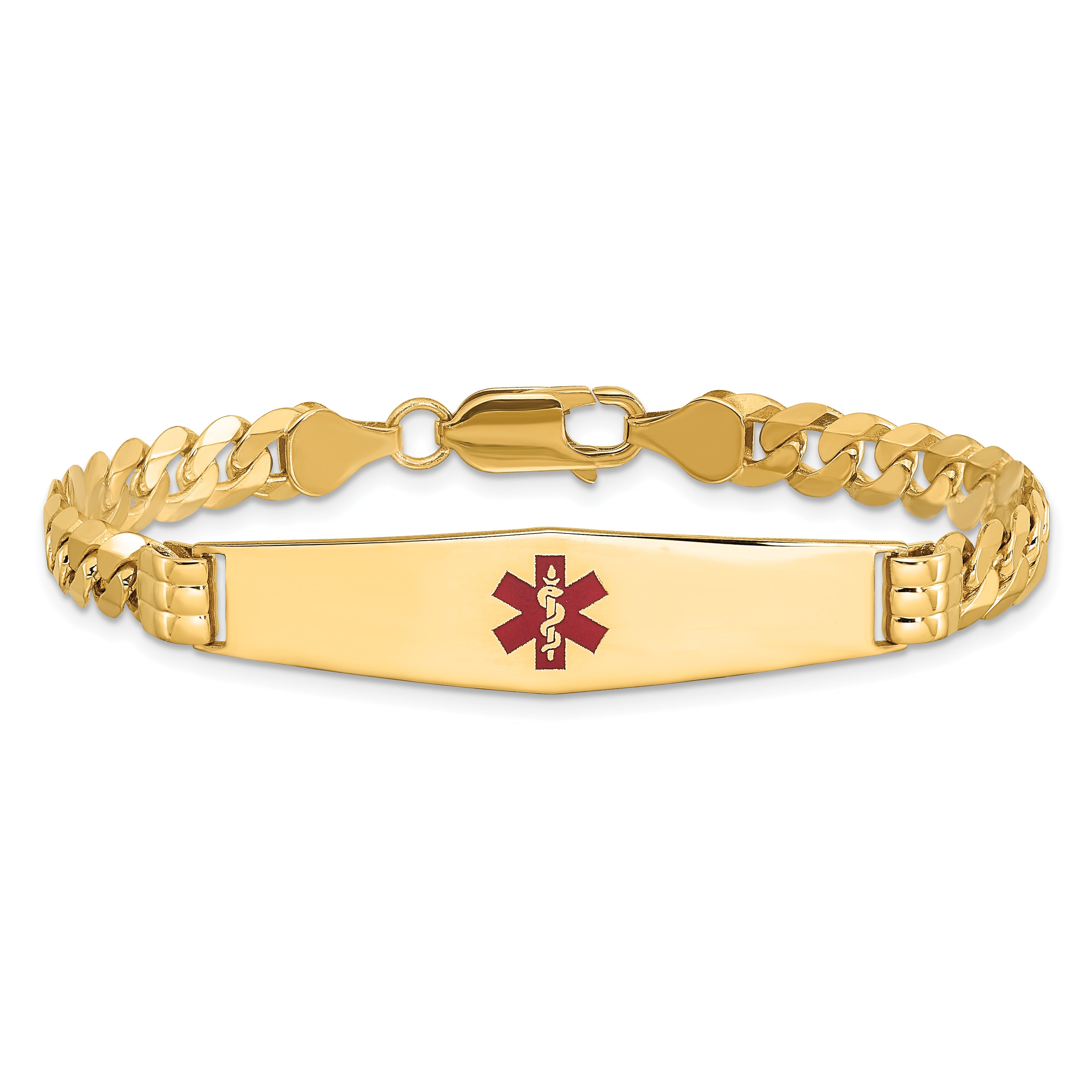 14K Yellow Gold Medical Solid Chain/Solid Plate Soft Diamond Shape 37X9mm Centered Red Enamel Curb Link 8 Inch Id Bracelet