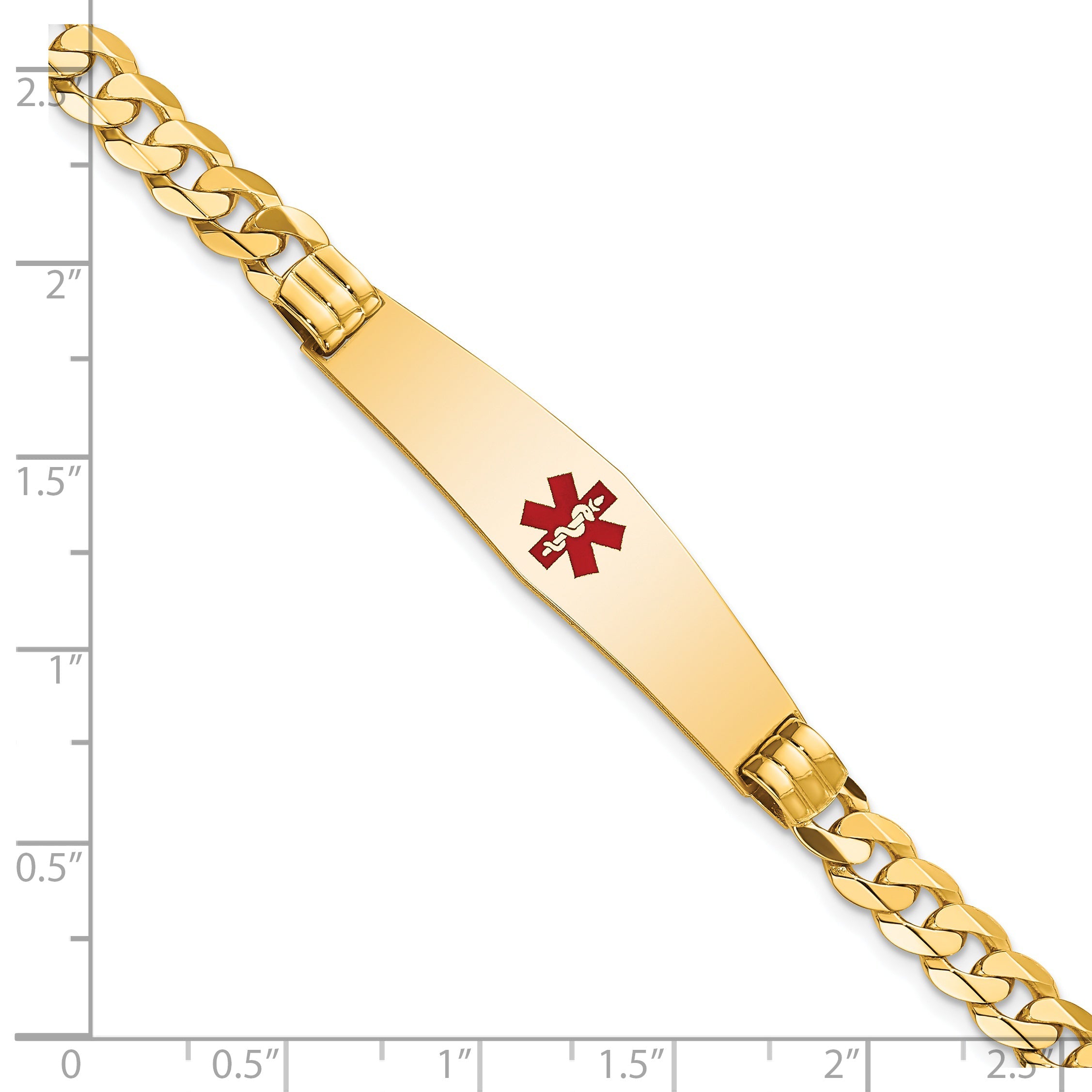 14K Yellow Gold Medical Solid Chain/Solid Plate Soft Diamond Shape 37X9mm Centered Red Enamel Curb Link 8 Inch Id Bracelet