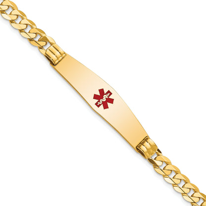 14K Yellow Gold Medical Solid Chain/Solid Plate Soft Diamond Shape 37X9mm Centered Red Enamel Curb Link 8 Inch Id Bracelet