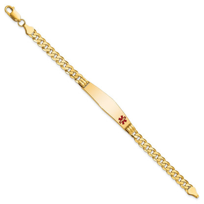 14K Yellow Gold Medical Solid Chain/Solid Plate Soft Diamond Shape 38X9mm Off Center Red Enamel Curb Link 8 Inch Id Bracelet