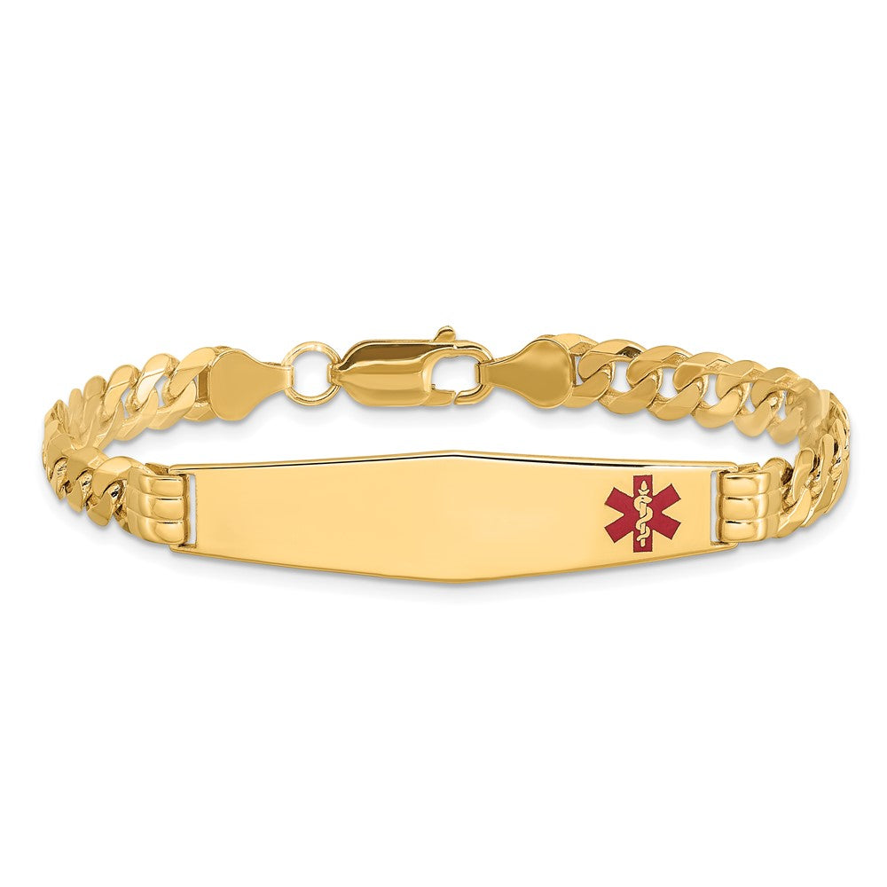 14K Yellow Gold Medical Solid Chain/Solid Plate Soft Diamond Shape 38X9mm Off Center Red Enamel Curb Link 7 Inch Id Bracelet