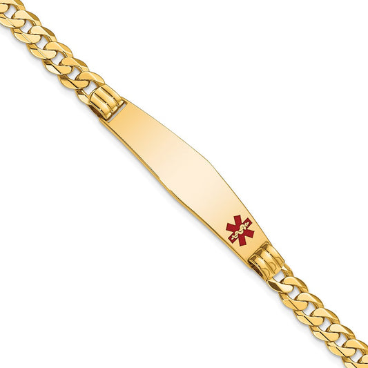 14K Yellow Gold Medical Solid Chain/Solid Plate Soft Diamond Shape 38X9mm Off Center Red Enamel Curb Link 8 Inch Id Bracelet