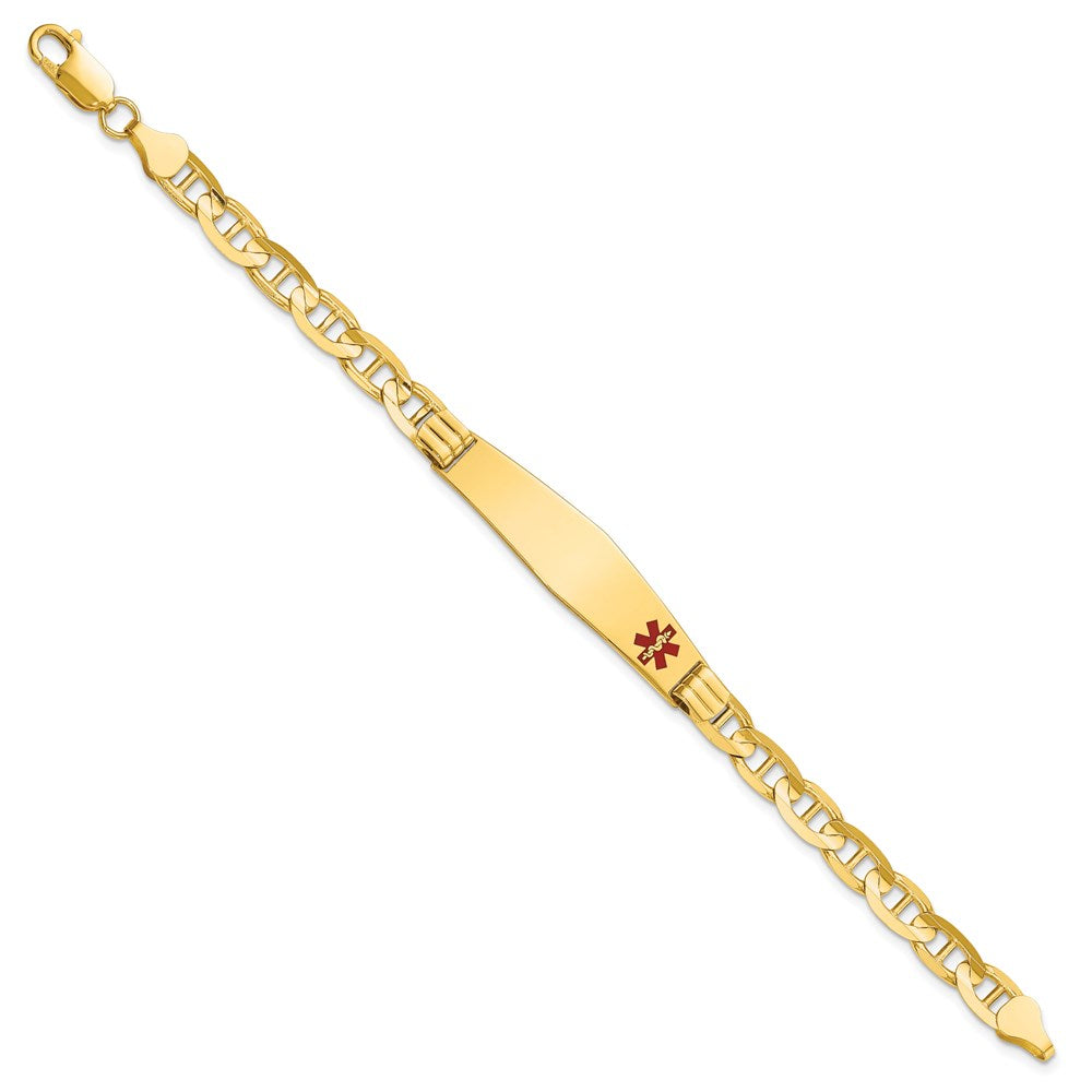 14K Yellow Gold Medical Solid Chain/Solid Plate Soft Diamond Shape 38X9mm Off Center Red Enamel Anchor Link 7 Inch Id Bracelet