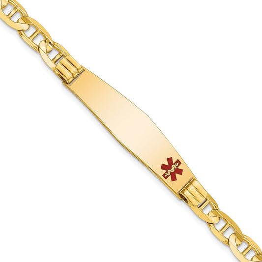 14K Yellow Gold Medical Solid Chain/Solid Plate Soft Diamond Shape 38X9mm Off Center Red Enamel Anchor Link 8 Inch Id Bracelet