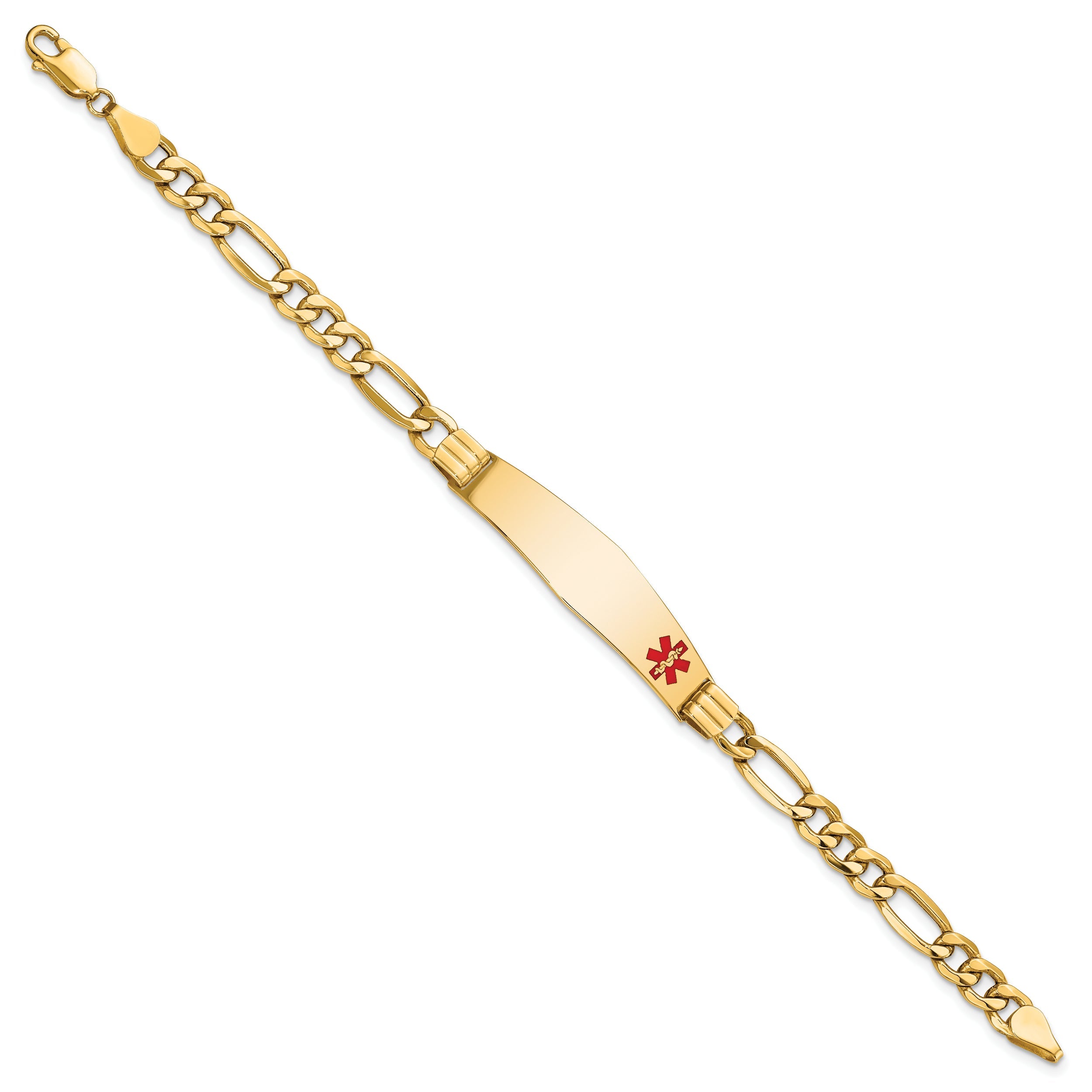 14K Yellow Gold Medical Semi Solid Chain/Solid Plate Soft Diamond Shape 38X9mm Off Center Red Enamel Figaro Link 7 Inch Id Bracelet