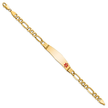 14K Yellow Gold Medical Semi Solid Chain/Solid Plate Soft Diamond Shape 38X9mm Off Center Red Enamel Figaro Link 7 Inch Id Bracelet