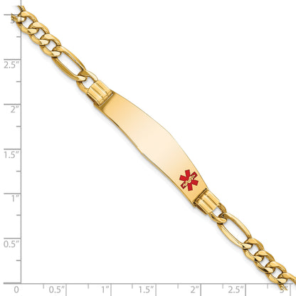 14K Yellow Gold Medical Semi Solid Chain/Solid Plate Soft Diamond Shape 38X9mm Off Center Red Enamel Figaro Link 7 Inch Id Bracelet