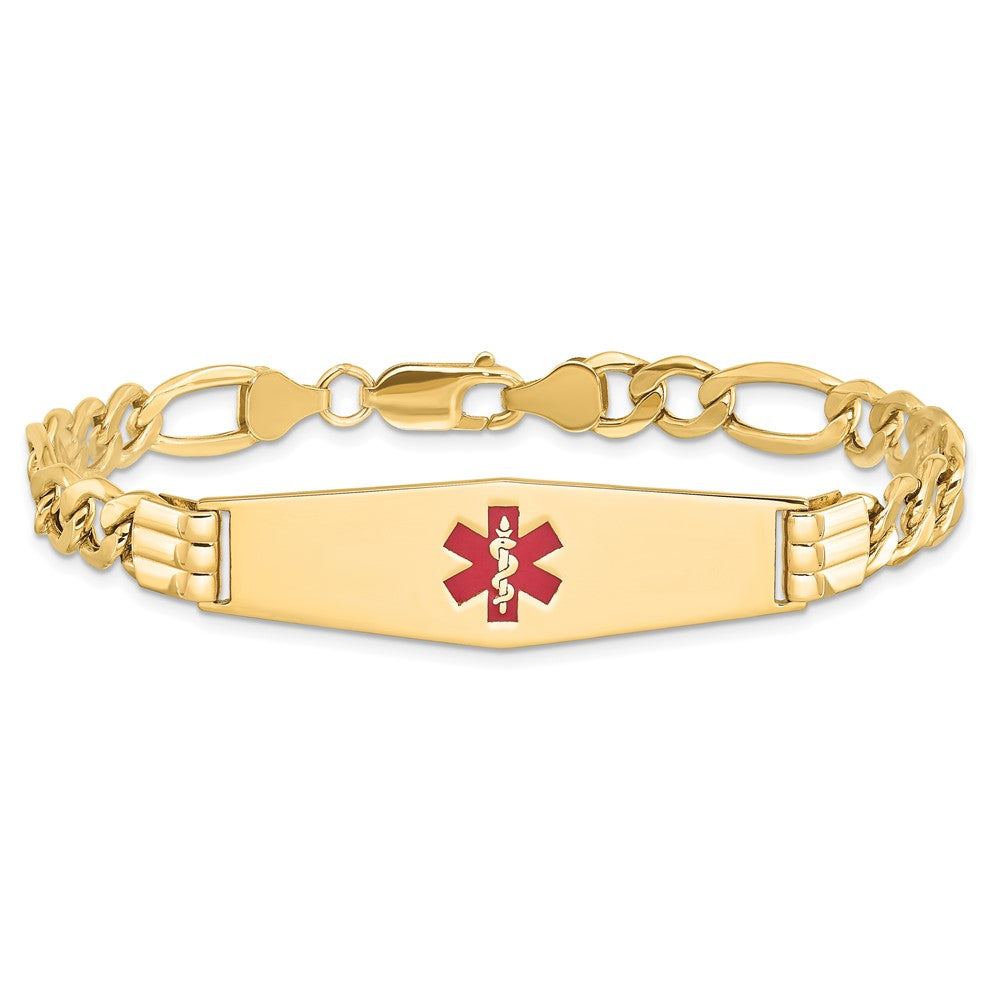 14K Yellow Gold Medical Semi Solid Chain/Solid Plate Soft Diamond Shape 40X12mm Centered Red Enamel Figaro Link 8 Inch Id Bracelet