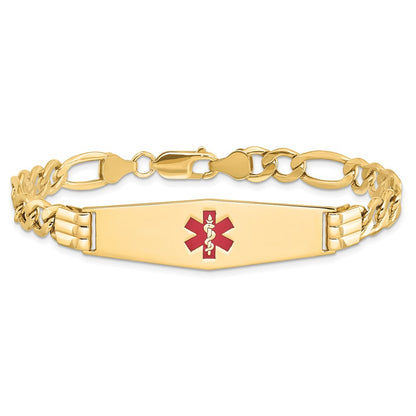 14K Yellow Gold Medical Semi Solid Chain/Solid Plate Soft Diamond Shape 40X12mm Centered Red Enamel Figaro Link 8 Inch Id Bracelet
