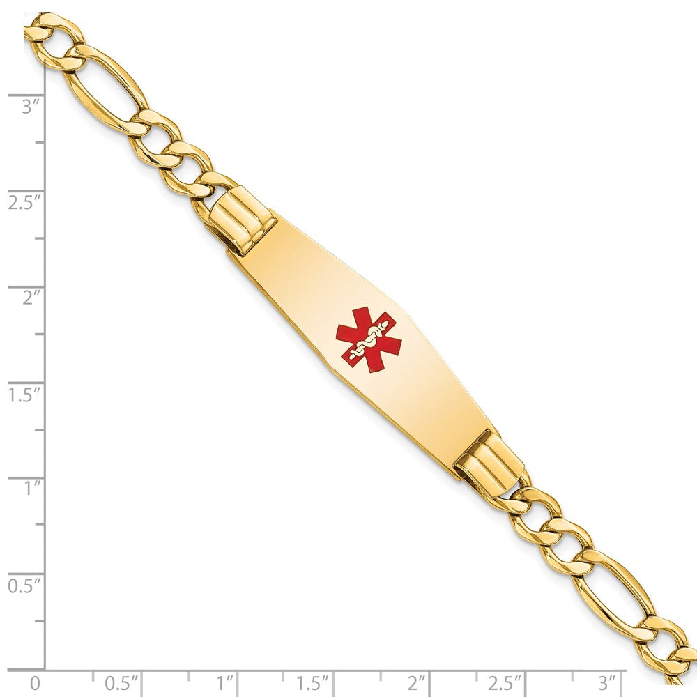 14K Yellow Gold Medical Semi Solid Chain/Solid Plate Soft Diamond Shape 40X12mm Centered Red Enamel Figaro Link 8 Inch Id Bracelet