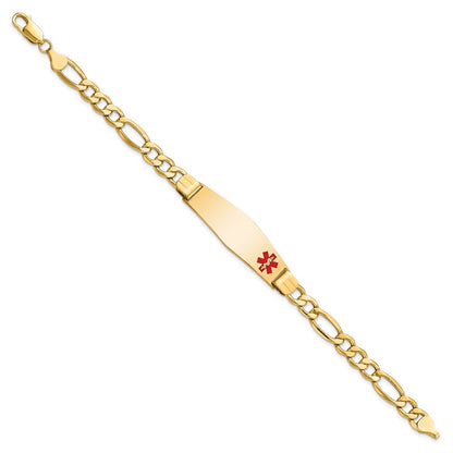 14K Yellow Gold Medical Semi Solid Chain/Solid Plate Soft Diamond Shape 40X12mm Off Center Red Enamel Figaro Link 8 Inch Id Bracelet