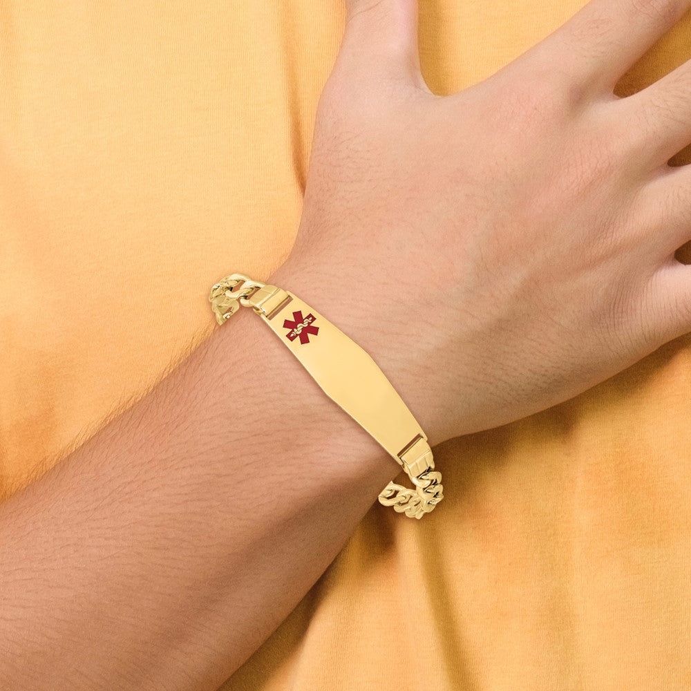 14K Yellow Gold Medical Semi Solid Chain/Solid Plate Soft Diamond Shape 40X12mm Off Center Red Enamel Figaro Link 8 Inch Id Bracelet