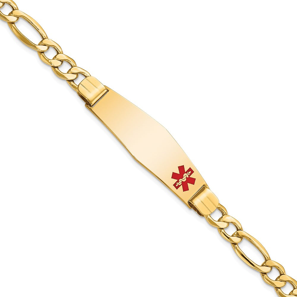 14K Yellow Gold Medical Semi Solid Chain/Solid Plate Soft Diamond Shape 40X12mm Off Center Red Enamel Figaro Link 8 Inch Id Bracelet