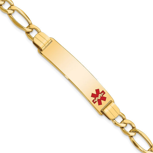 14K Yellow Gold Medical Semi Solid Chain/Solid Plate 40X10mm Off Center Red Enamel Figaro Link 8 Inch Id Bracelet