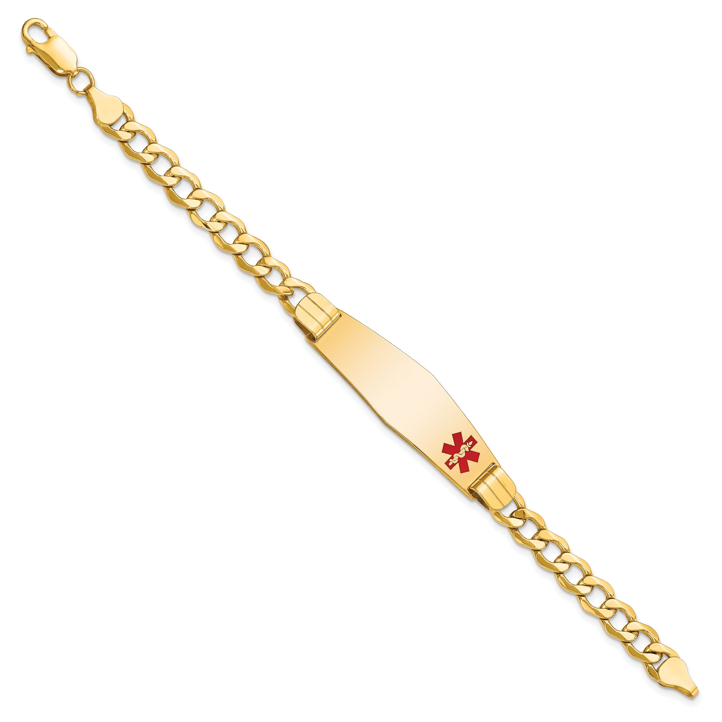 14K Yellow Gold Medical Semi Solid Chain/Solid Plate Soft Diamond Shape 40X12mm Off Center Red Enamel Curb Link 7 Inch Id Bracelet