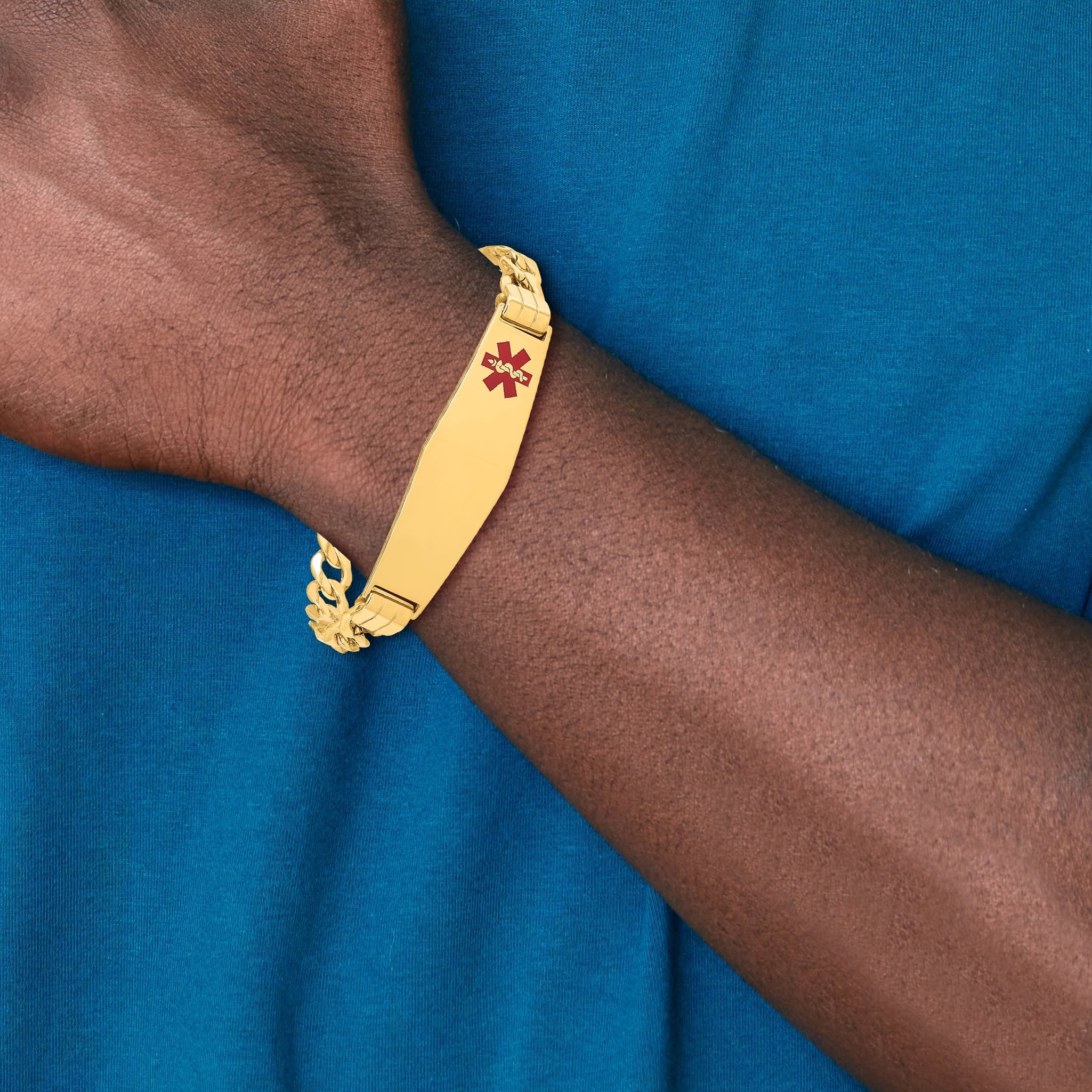 14K Yellow Gold Medical Semi Solid Chain/Solid Plate Soft Diamond Shape 40X12mm Off Center Red Enamel Curb Link 7 Inch Id Bracelet