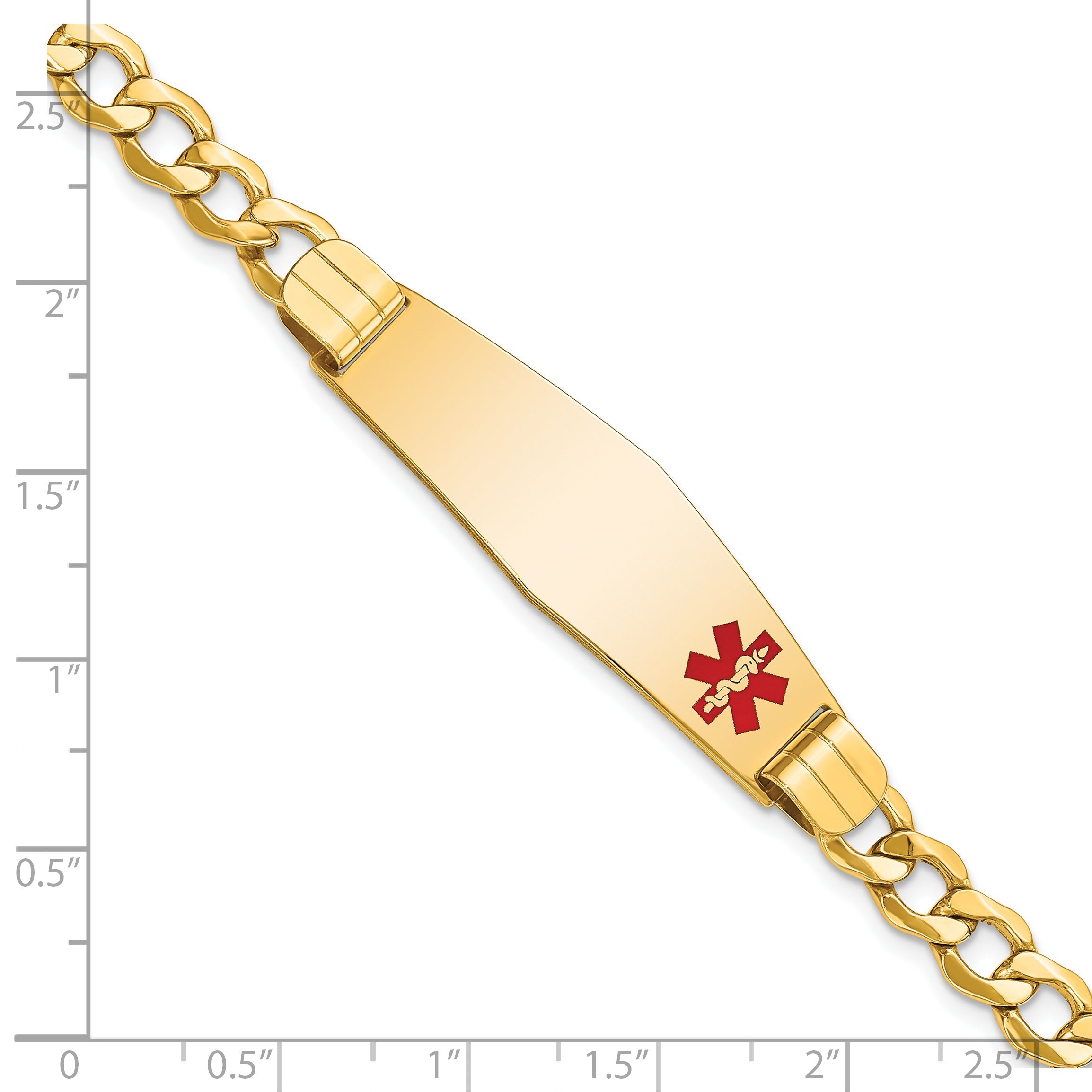 14K Yellow Gold Medical Semi Solid Chain/Solid Plate Soft Diamond Shape 40X12mm Off Center Red Enamel Curb Link 7 Inch Id Bracelet