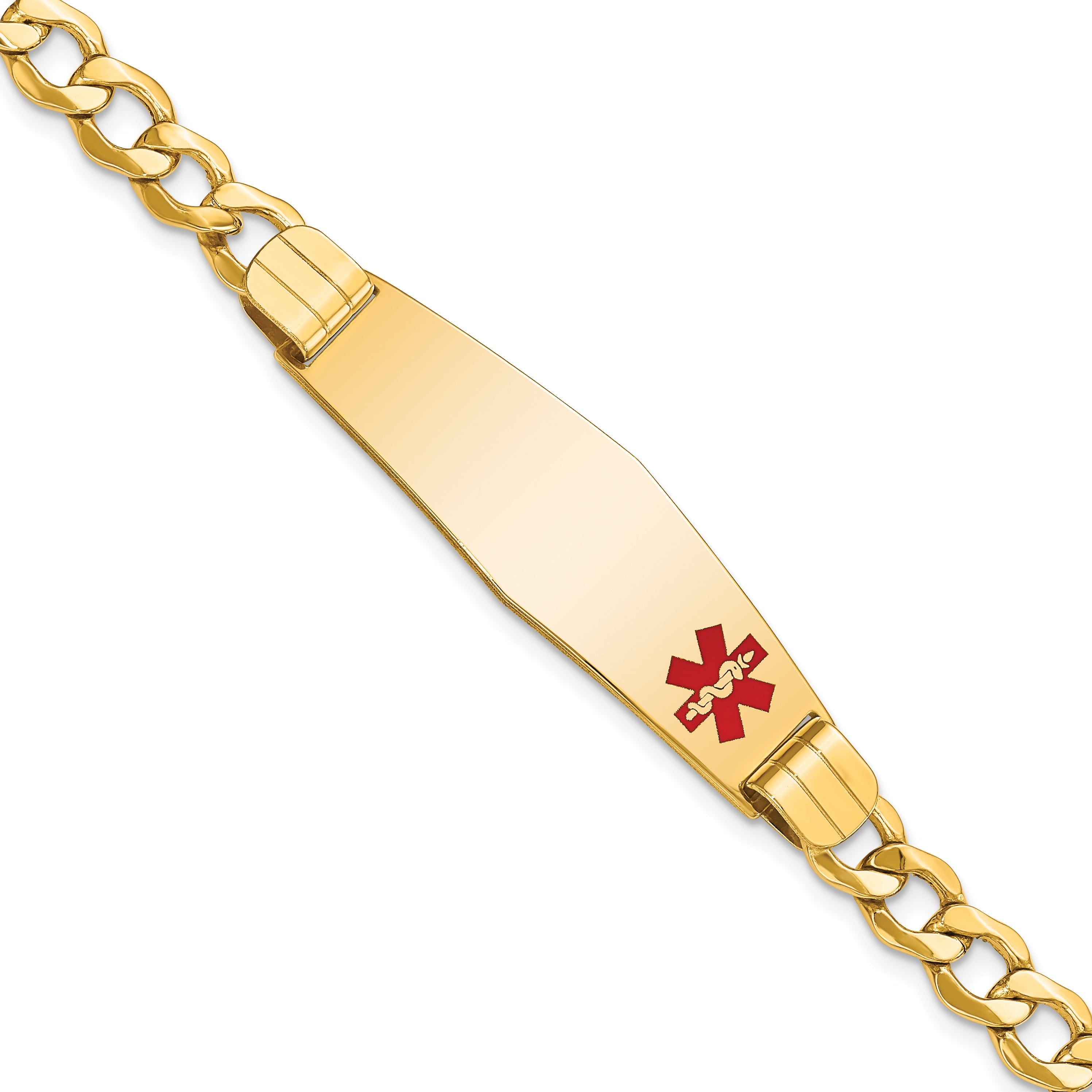 14K Yellow Gold Medical Semi Solid Chain/Solid Plate Soft Diamond Shape 40X12mm Off Center Red Enamel Curb Link 7 Inch Id Bracelet