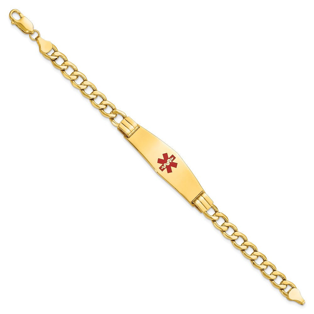 14K Yellow Gold Medical Semi Solid Chain/Solid Plate Soft Diamond Shape 40X12mm Centered Red Enamel Curb Link 8 Inch Id Bracelet