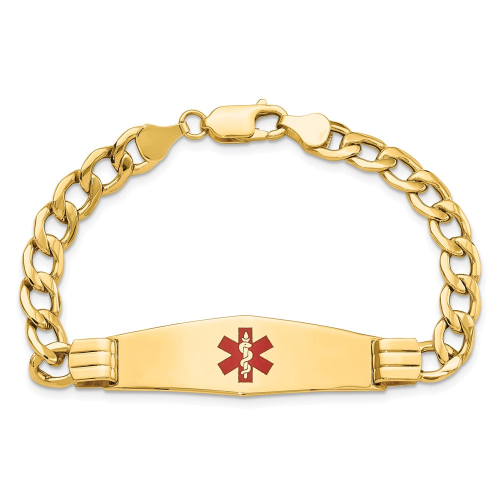 14K Yellow Gold Medical Semi Solid Chain/Solid Plate Soft Diamond Shape 40X12mm Centered Red Enamel Curb Link 8 Inch Id Bracelet