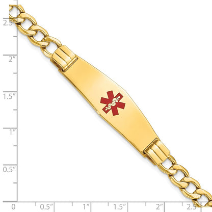 14K Yellow Gold Medical Semi Solid Chain/Solid Plate Soft Diamond Shape 40X12mm Centered Red Enamel Curb Link 8 Inch Id Bracelet