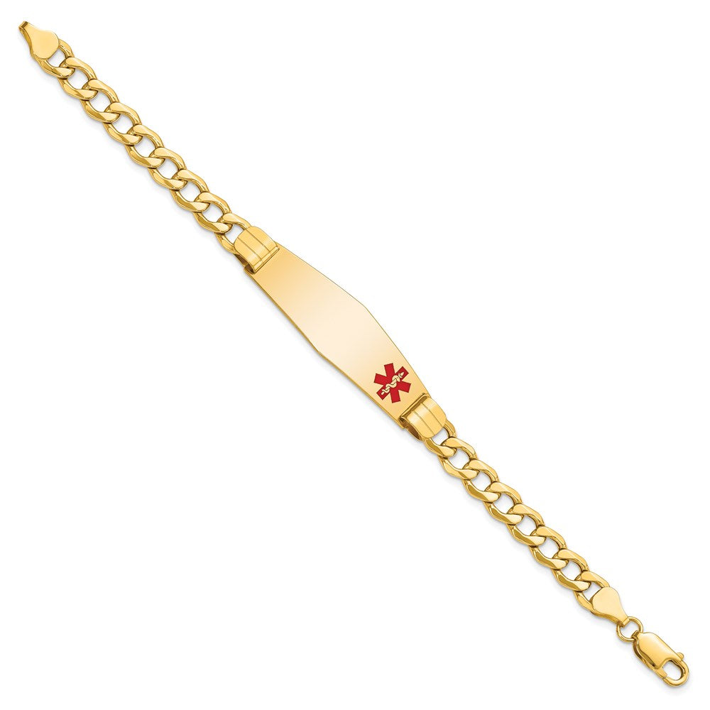 14K Yellow Gold Medical Semi Solid Chain/Solid Plate Soft Diamond Shape 40X12mm Off Center Red Enamel Curb Link 8 Inch Id Bracelet