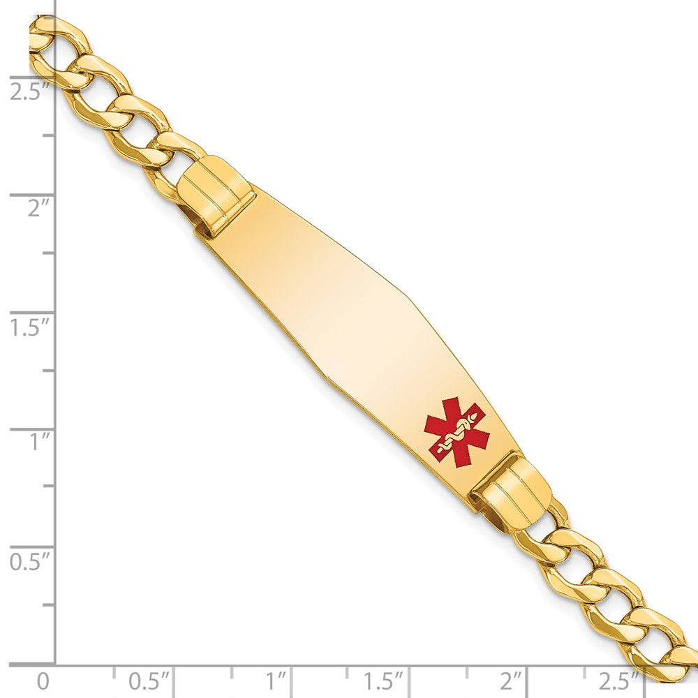 14K Yellow Gold Medical Semi Solid Chain/Solid Plate Soft Diamond Shape 40X12mm Off Center Red Enamel Curb Link 8 Inch Id Bracelet