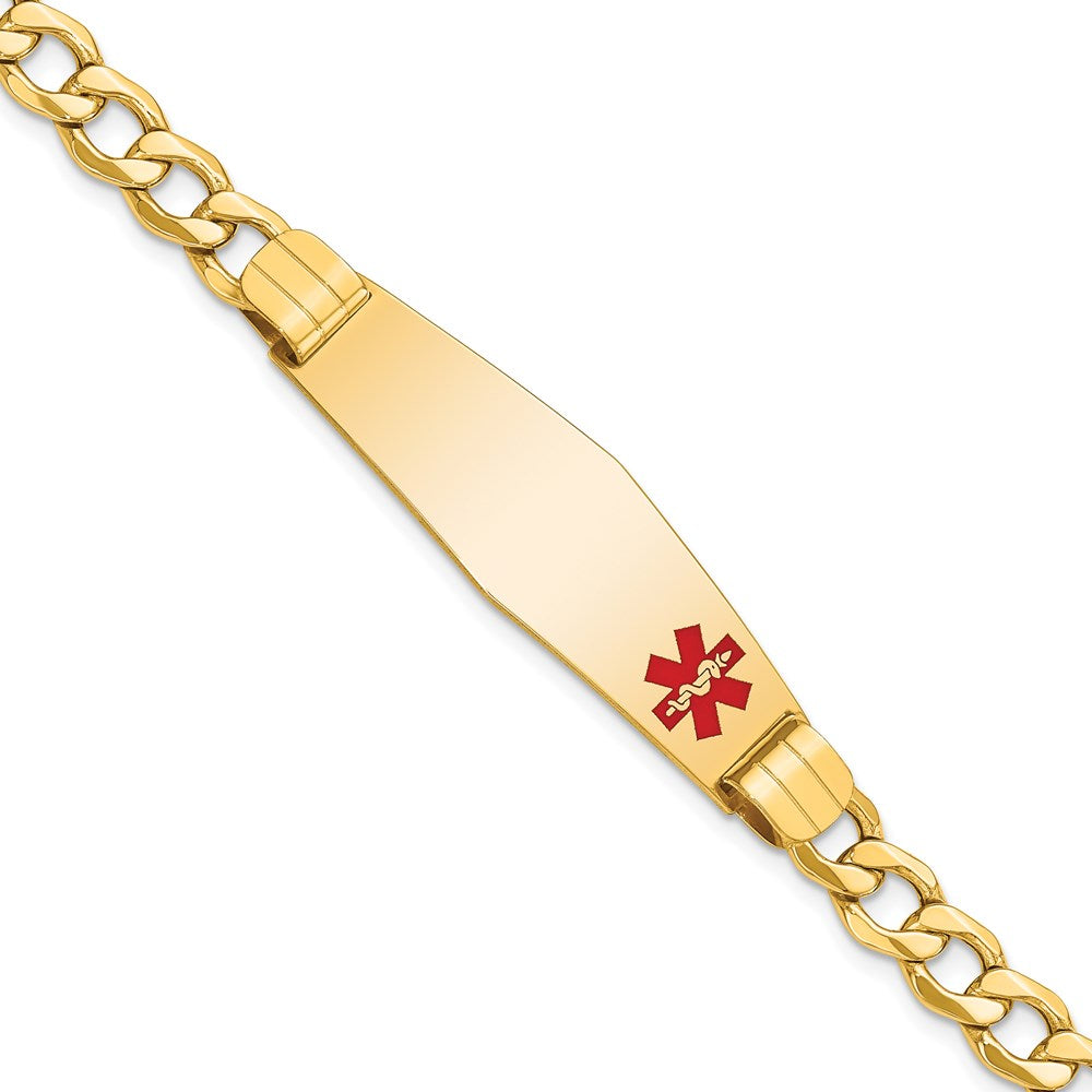14K Yellow Gold Medical Semi Solid Chain/Solid Plate Soft Diamond Shape 40X12mm Off Center Red Enamel Curb Link 8 Inch Id Bracelet