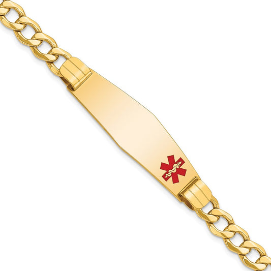 14K Yellow Gold Medical Semi Solid Chain/Solid Plate Soft Diamond Shape 40X12mm Off Center Red Enamel Curb Link 8 Inch Id Bracelet