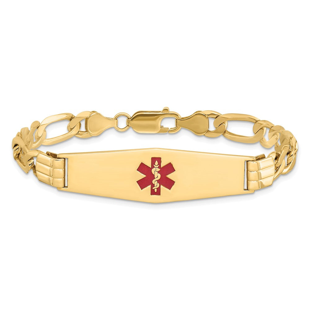 14K Yellow Gold Medical Solid Chain/Solid Plate Soft Diamond Shape 40X12mm Centered Red Enamel Flat Figaro Link 7 Inch Id Bracelet