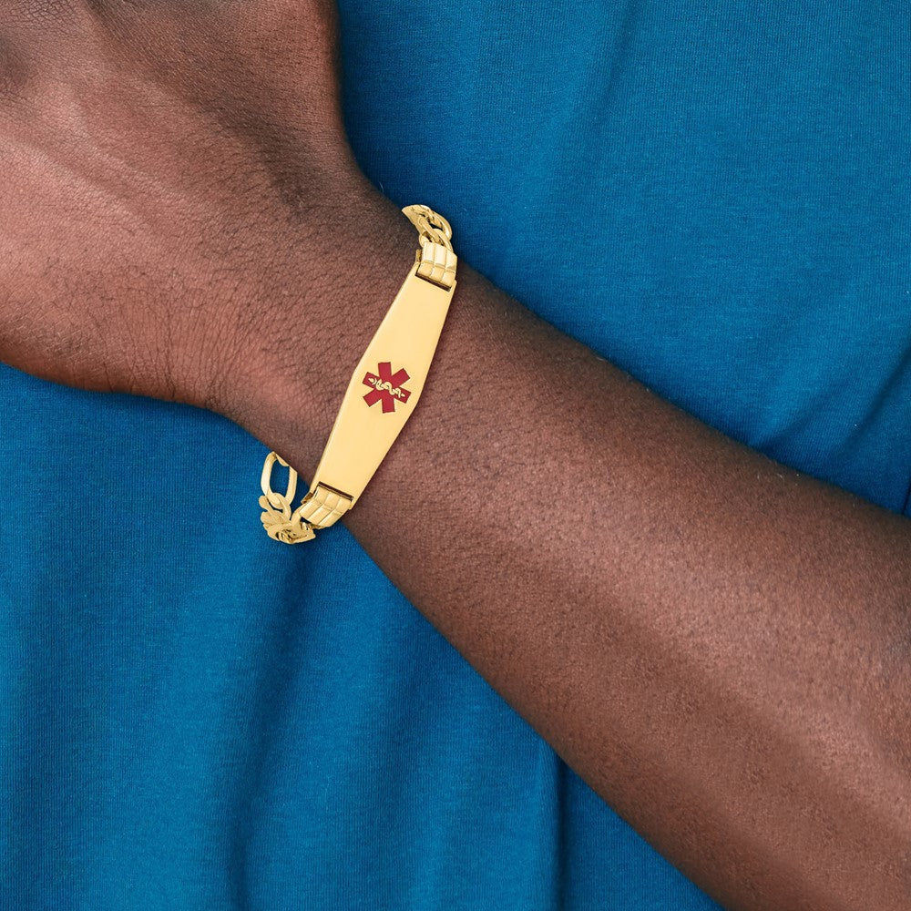 14K Yellow Gold Medical Solid Chain/Solid Plate Soft Diamond Shape 40X12mm Centered Red Enamel Flat Figaro Link 7 Inch Id Bracelet