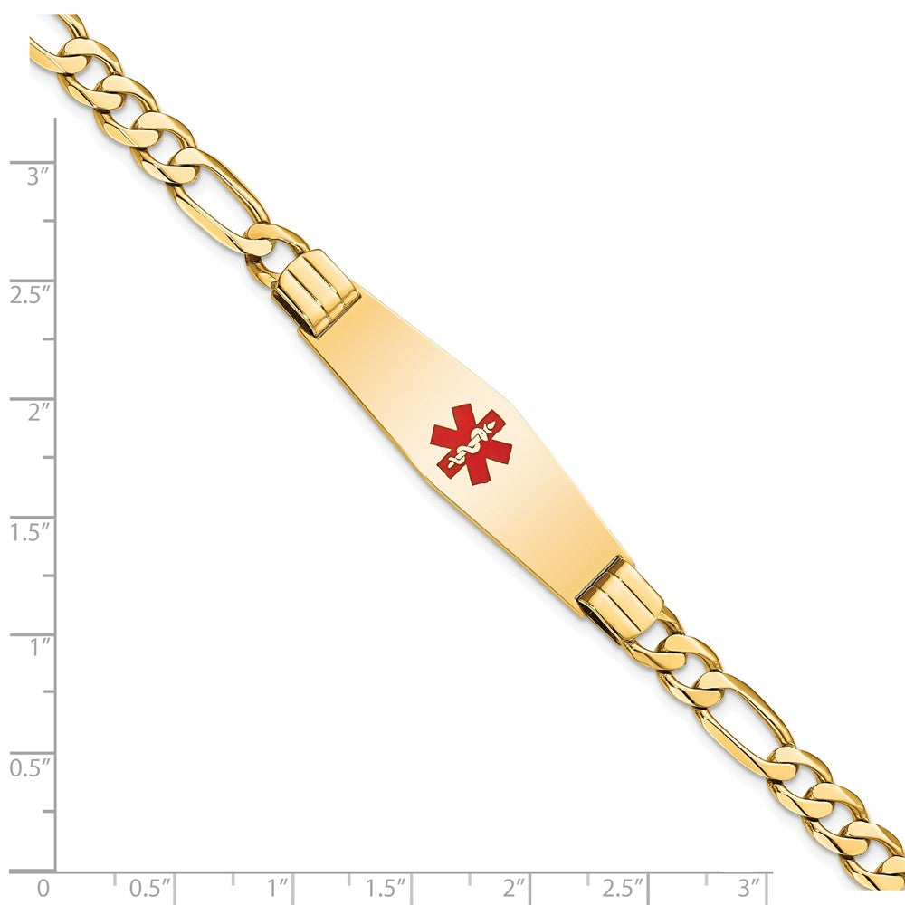 14K Yellow Gold Medical Solid Chain/Solid Plate Soft Diamond Shape 40X12mm Centered Red Enamel Flat Figaro Link 7 Inch Id Bracelet