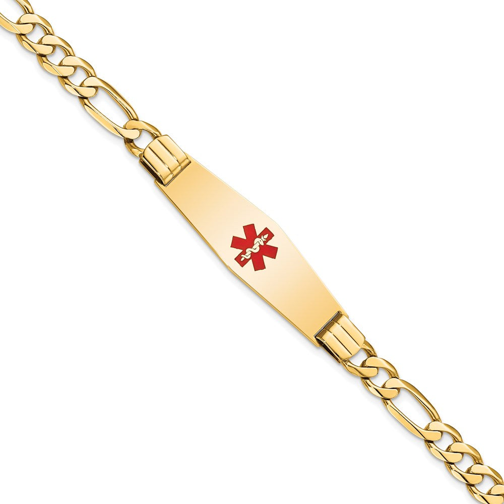 14K Yellow Gold Medical Solid Chain/Solid Plate Soft Diamond Shape 40X12mm Centered Red Enamel Flat Figaro Link 7 Inch Id Bracelet