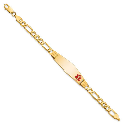 14K Yellow Gold Medical Solid Chain/Solid Plate Soft Diamond Shape 39X12mm Off Center Red Enamel Flat Figaro Link 7 Inch Id Bracelet